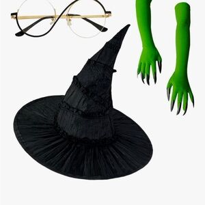 WICKED Black Witch Hat and Green Costume Gloves
